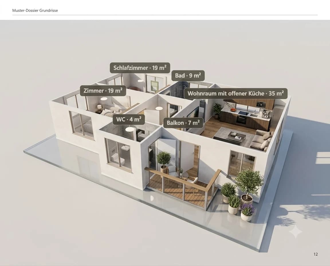 Räumliche Ansicht der Musterwohnung mit eingerichteten Räumen und ihren Flächen, von Schlafzimmer bis Balkon