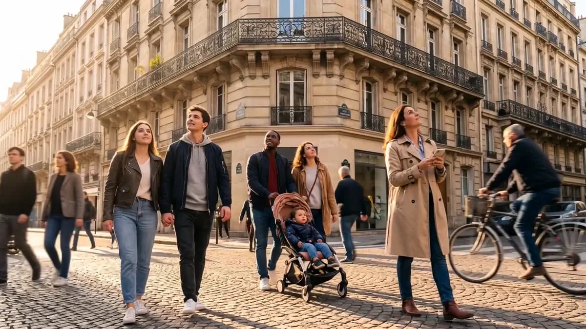 Fotograma de la película: una familia y varios transeúntes ante un edificio antiguo