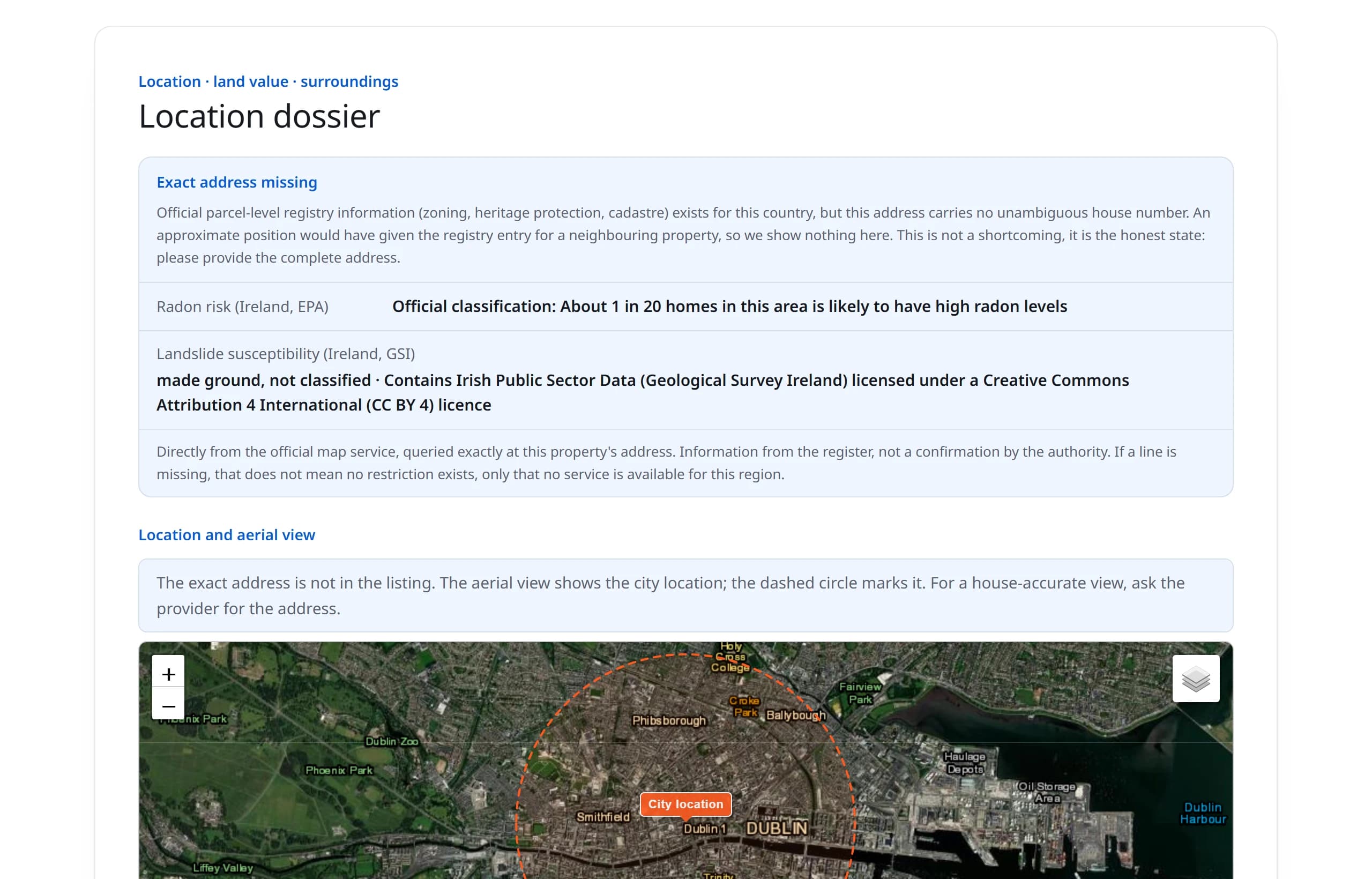 Location dossier: view from a real report