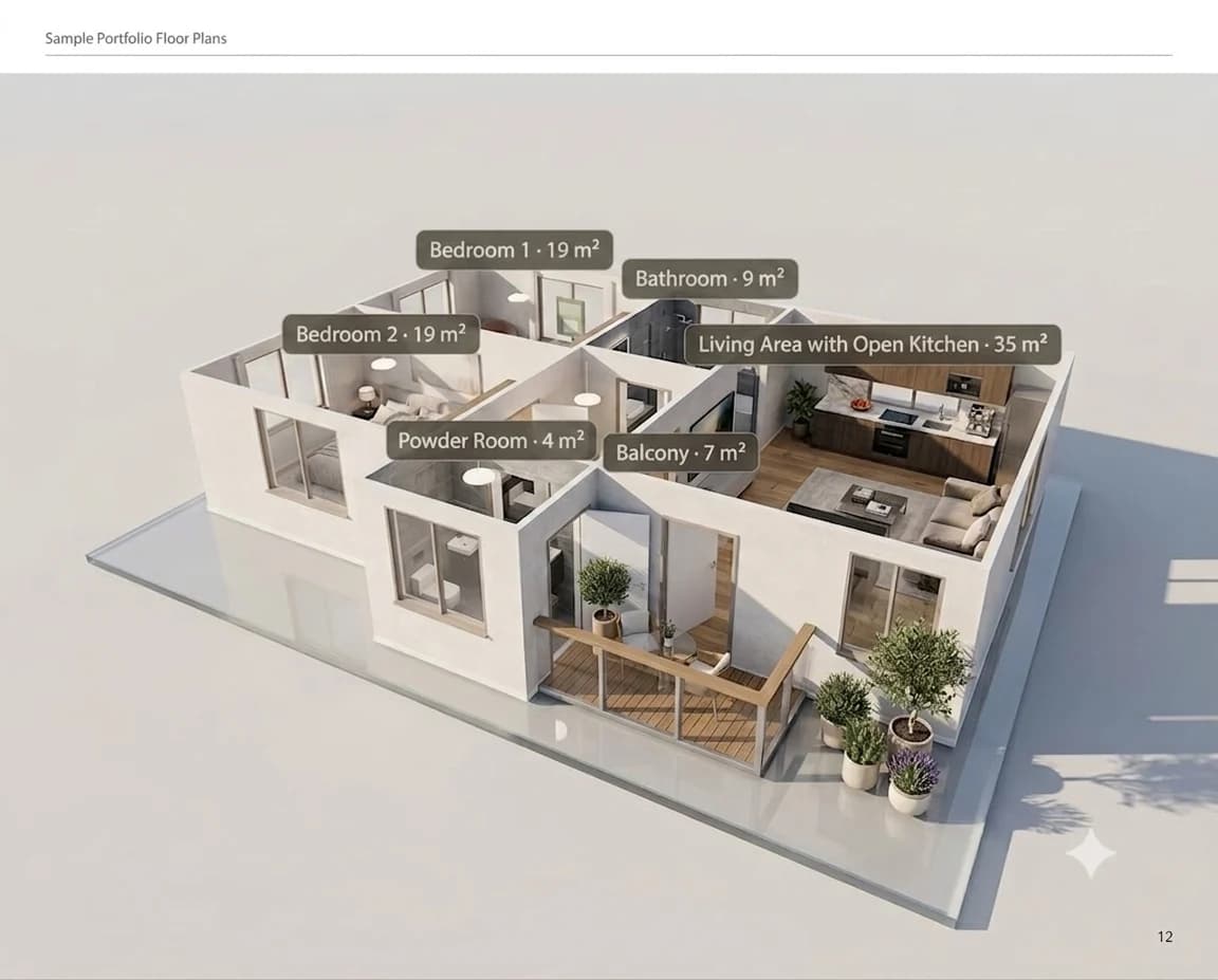 Vista espacial de la vivienda de ejemplo con habitaciones amuebladas y sus superficies
